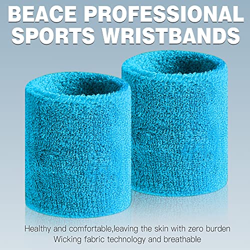 BEACE Sweatbands Sports Wristband for Men & Women - Moisture Wicking Athletic Cotton Terry Cloth Sweatband for Tennis, Basketball, Running, Gym, Working Out - color: Black/Gray/LT Blue