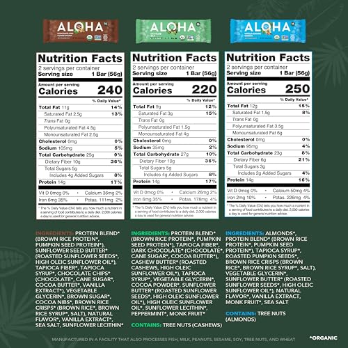 ALOHA Organic Plant Based Protein Bars - 6 Flavor Variety Pack - 12 Count, 1.9oz Bars - Vegan Snacks, Low Sugar, Gluten-Free, Low Carb, Paleo, Non-GMO, Stevia-Free, No Sugar Alcohol Sweeteners - size: 12 Count (Pack of 1)