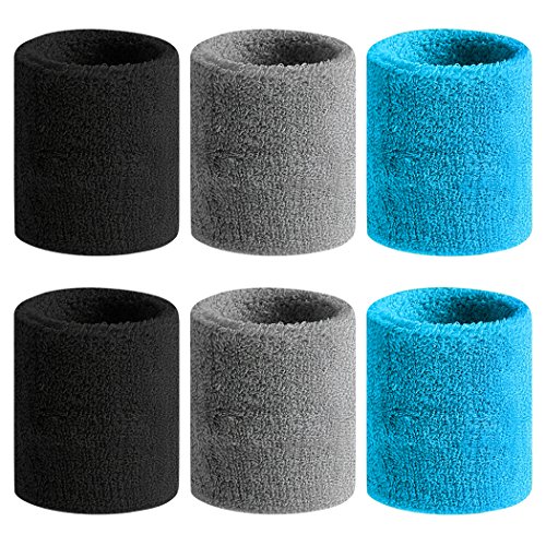 BEACE Sweatbands Sports Wristband for Men & Women - Moisture Wicking Athletic Cotton Terry Cloth Sweatband for Tennis, Basketball, Running, Gym, Working Out - color: Black/Gray/LT Blue