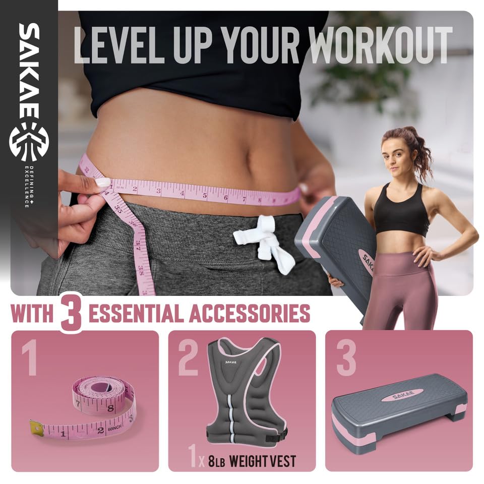 SAKAE Aerobics Step Platform Set with Weighted Vest & Measuring Tape, Adjustable Height 2 Level Risers Workout Step Trainer with Non-Slip Surface, Step Platform for Home Exercise, Multiple Colors - color: Pink