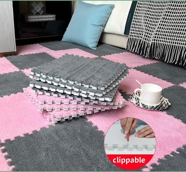 12Pcs Plush Foam Floor Mat,Plush Interlocking Carpet Tiles,Anti-Slip Square Puzzle Floor Mat,EVA Foam Area Rugs for Bedroom Playroom (Pink+Black) - color: Pink+black