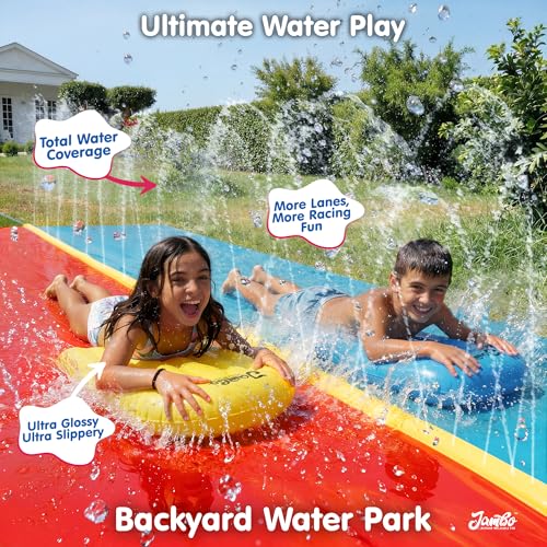 JAMBO 22ft Double Lane Slip Splash and Slide with 2 Bodyboards with Built in Sprinkler for Backyard Outdoor Water Fun for Kids - color: 22.5' Multicolor