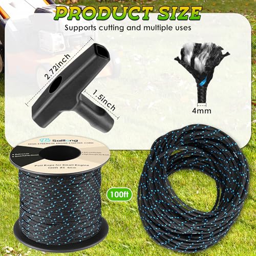 Saillong 4mm 100ft Starter Rope, Pull Cord Rope for Small Engine with 2 Starter Handle, High wear Resistant, Low Stretch, Replacement for Lawn Mower Chainsaw Trimmer Edger Brush Cutter Engine - color: Black & Blue, size: 4mm