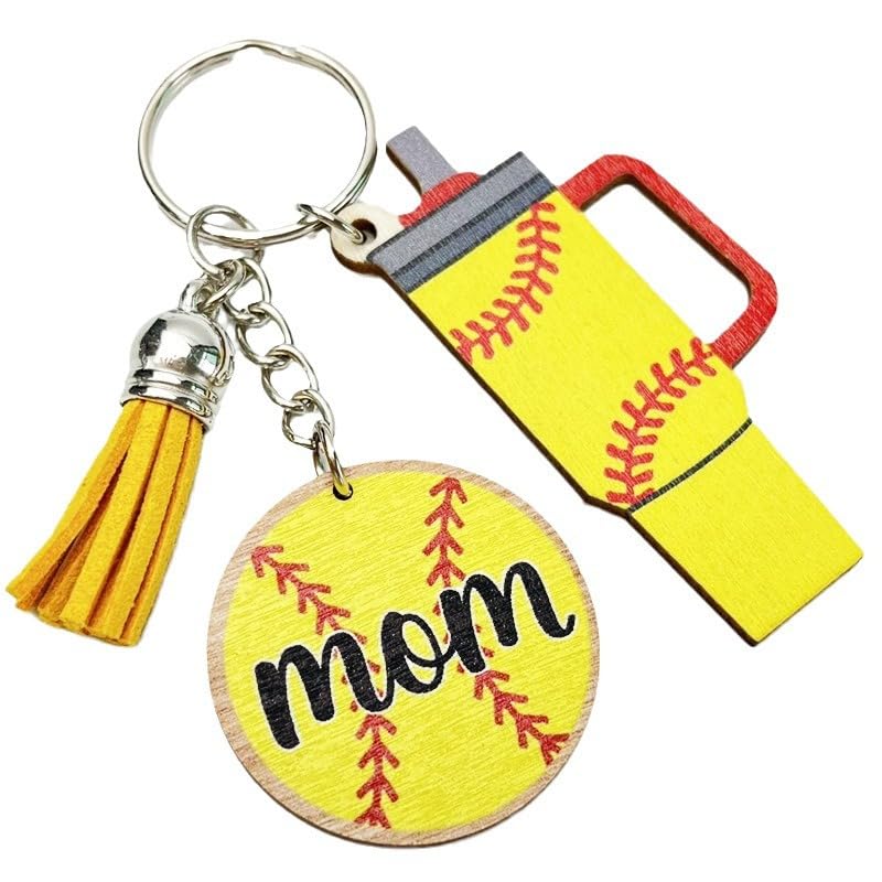 Women's Colorful Sports Ball Keyring Tassel Tumbler Charm Rugby Baseball Soccer Basketball Wooden Keychain Gifts - color: Baseball Yellow