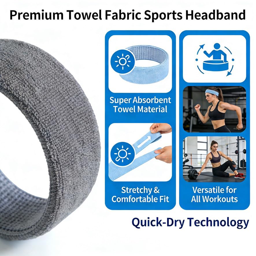 3 Pack Men & Women Sports Sweatbands Headbands - color: Black,Grey,Blue