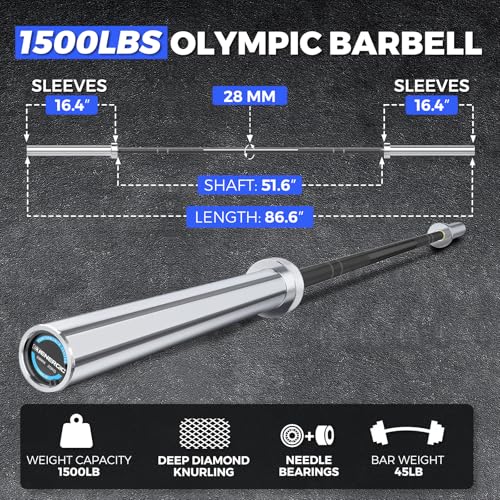 7FT Alloy Steel Olympic Barbell, 1500LB 45LB | 28mm knurled grip bar with needle bearings, chrome finish, 2-inch plate fit, and 1500LB capacity for heavy lifts - color: Silver&Black-Classic