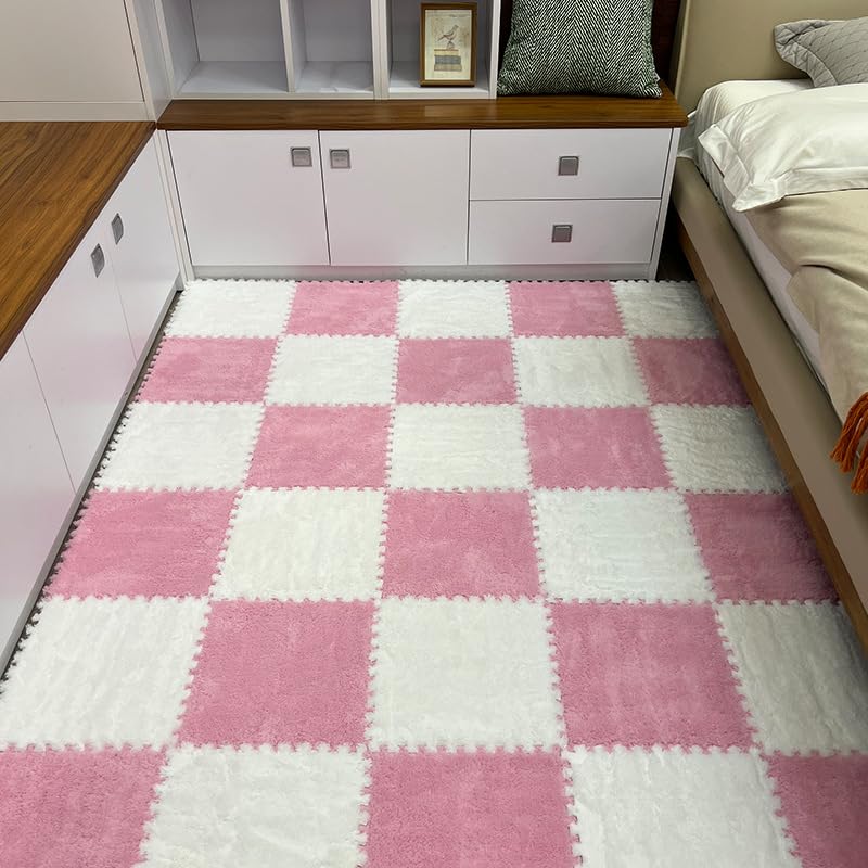 12Pcs Plush Foam Floor Mat,Plush Interlocking Carpet Tiles,Anti-Slip Square Puzzle Floor Mat,EVA Foam Area Rugs for Bedroom Playroom (White+Pink) - color: White+pink