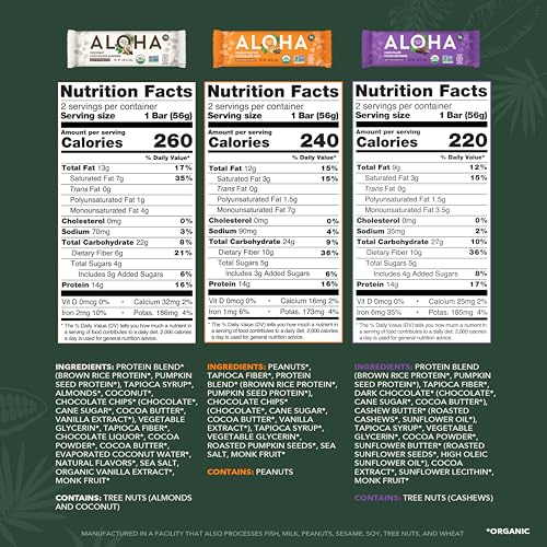 ALOHA Organic Plant Based Protein Bars - 6 Flavor Variety Pack - 12 Count, 1.9oz Bars - Vegan Snacks, Low Sugar, Gluten-Free, Low Carb, Paleo, Non-GMO, Stevia-Free, No Sugar Alcohol Sweeteners - size: 12 Count (Pack of 1)