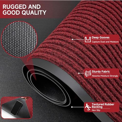 100pointONE Front Door Mat, Heavy Duty Indoor Outdoor Doormat, 48" x 24" Low Profile Outdoor Mats for Home Entrance, Stain and Fade Resistant Welcome Mat Ideal for High Traffic Area, Red - color: Red Striped, size: 2' x 4' (Rectangular)