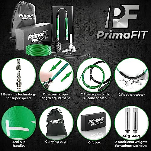 PrimaFIT Pro Speed Jump Rope for Adults, Weighted Skipping Rope for Boxing | Adjustable Jumping Rope for Fitness Workout & CrossFit Exercise, Double Unders, Handle Weights, 3m Cables 2 Protectors, Bag - color: Green