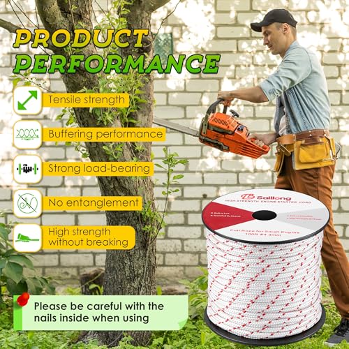Saillong 3mm 100ft Starter Rope, Pull Cord Rope for Small Engine with 2 Starter Handle, Wear Resistant, Low Stretch, Replacement for Lawn Mower Chainsaw Trimmer Edger Brush Cutter (White & Red) - color: White & Red, size: 3mm