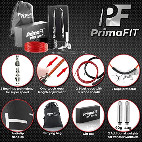 PrimaFIT Pro Speed Jump Rope for Adults, Weighted Skipping Rope for Boxing | Adjustable Jumping Rope for Fitness Workout & CrossFit Exercise, Double Unders, Handle Weights, 3m Cables 2 Protectors, Bag - color: Black