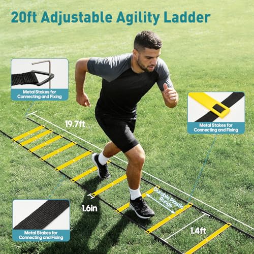 Agility Ladder Speed Training Equipment Set, 4 Adjustable Hurdles | 20 ft Ladder, 12 Cones, Jump Rope, Resistance Parachute, Soccer, Basketball, Football Practice Equipment for Youth, Adults - color: Yellow, size: 17.18"*5.72"*13.32"