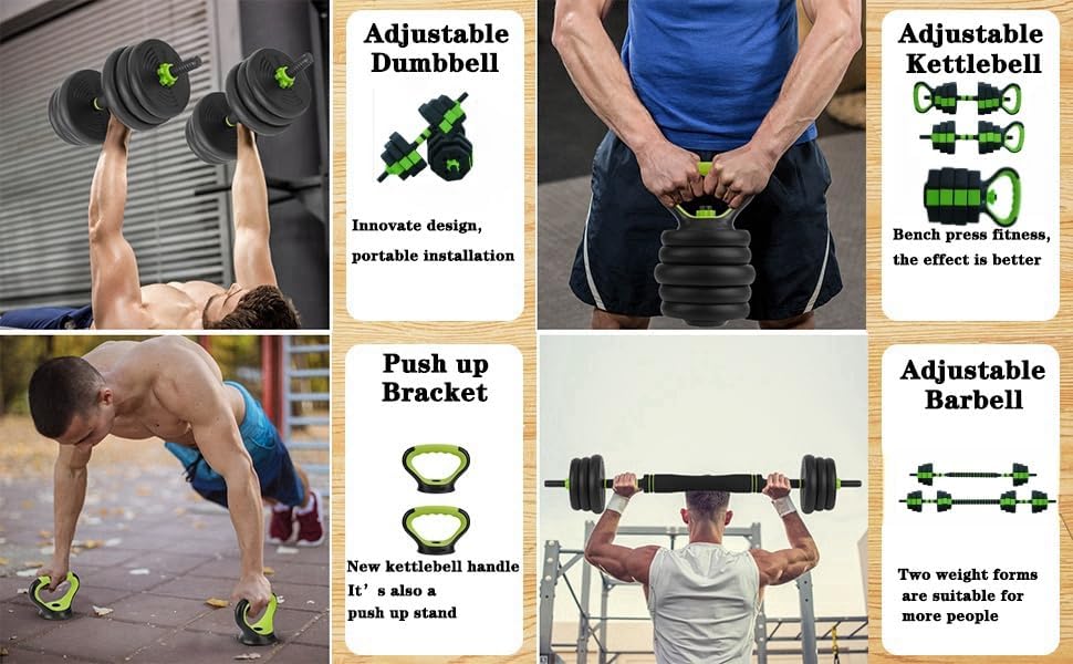 Adjustable Dumbbell Set, 44/66/88 Lbs Free Weight Dumbbells Set, 4 in 1 Dumbbells Set Used As a Kettlebell, Barbell, Push Up Stand, Exercise & Fitness for Home Gym, Black & Green - size: 44 LB-Octagon with Iron Grip