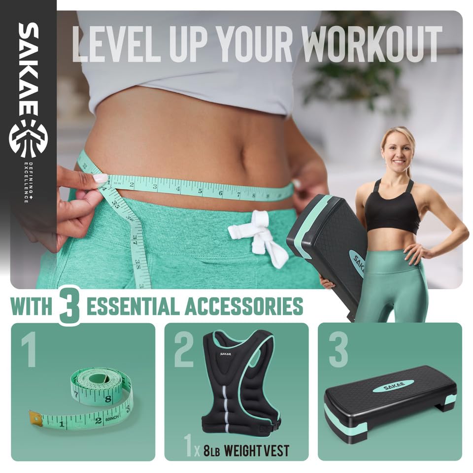 SAKAE Aerobics Step Platform Set with Weighted Vest & Measuring Tape, Adjustable Height 2 Level Risers Workout Step Trainer with Non-Slip Surface, Step Platform for Home Exercise, Multiple Colors - color: Green