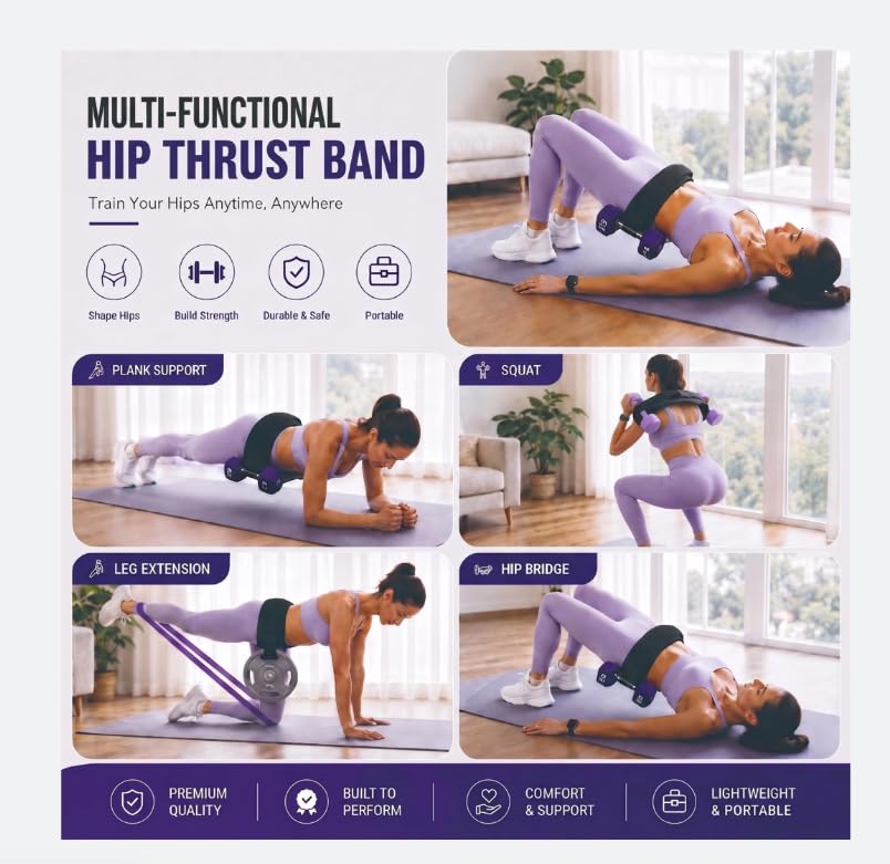 Upgraded Hip Thrust Belt for Dumbbells with 1.54" Stackable Padding (0.81" Belt + 0.71" Cushion), with 1 Resistance Bands & Measuring Tape, Heavy Duty Glute Bridge Weight Belt for Home Gym Workout