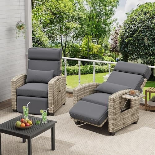 GarveeLife Outdoor Recliner Chair, PE Wicker Lounge Chair with Adjustable 145° Lay-Flat Backrest, Independent Footrest & Side Table, Plush Cushion for Patio, Poolside, Backyard in Gray - color: Grey Rattan /Grey Cushion