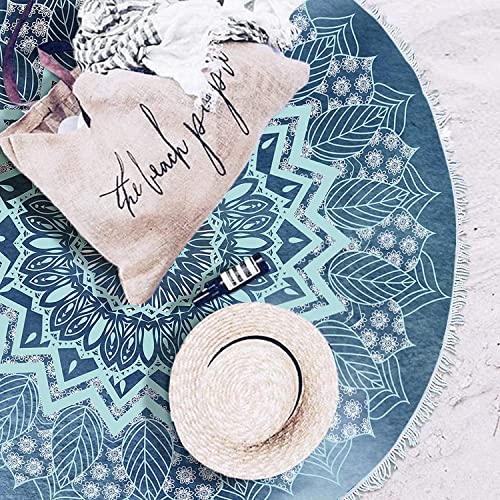 RosieLily Round Mandala Beach Towel, Microfiber Hippie Boho Extra Large Sand Proof Quick Dry Beach Blanket, Circle Pool Picnic Table Mediation Yoga Mat, 59 inch Towel with Tassels Gifts for Women - color: Blue Mandala Beach Towel 02