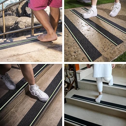 12-Pack 6”x30” Anti Slip Tape with Glow in the Dark Stripe, Pre-Cut Stair Treads Non Slip Traction Tape for Outdoor/Indoor, Waterproof Non Skid Tape for Stair Step, Easy to Install - color: Black/Green, size: 6" x 30"