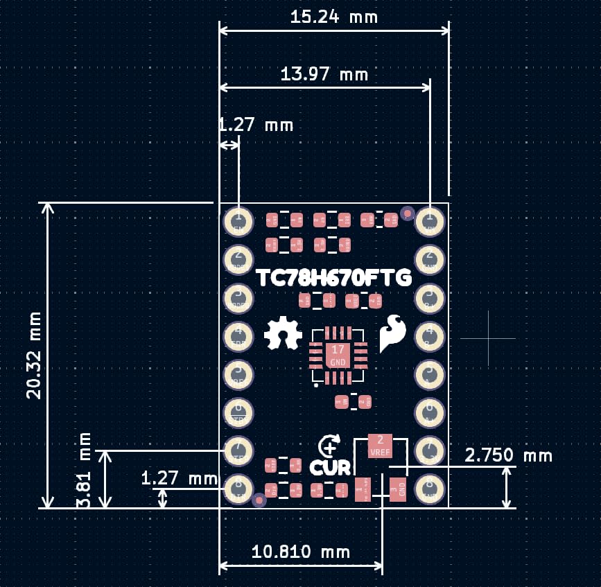 SparkFun Mini Stepper Motor Driver - TC78H670FTG - Compact Driver with breadboard-Friendly 0.1in. Pin -Output Current: 2.0 A (max) - Board Dimensions: 0.6 in. × 0.8 in.