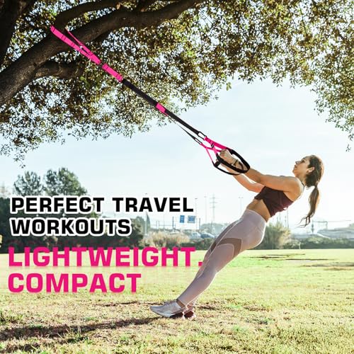 Home Resistance Training Kit, Suspension Trainer Straps with Adjustable Extension, Door Anchor, and Carry Bag – Strength Training Equipment for Full Body Bodyweight Workouts at Home or Outdoors - color: Pink