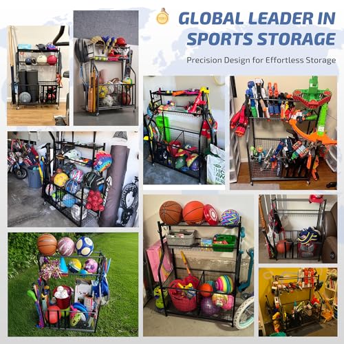 PLKOW Sports Equipment Storage for Garage, Indoor/Outdoor Sports Rack for Garage, Ball Storage Garage Organizer with Basket and Hooks,Toy/Sports Gear Storage - color: Black, 36" L x 16.4" W x 44.3" H