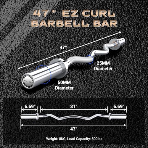 Olympic EZ Curl Barbell Bar, 47" EZ Curl Bar for Weight Lifting, Biceps, Triceps, Back/Leg Muscle Group Exercise,Chrome Curling Bar for 2 Inch Weight Plates,With 2 Spring Collars - color: Silver