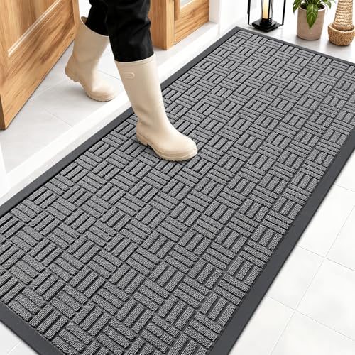 OLANLY Front Door Mat Outside Entrance 59x23, Absorbent, Heavy Duty Sturdy Natural Rubber Doormat Indoor Outdoor, Stain and Fade Resistant, Non-Slip Backing Low Profile Floor Mat for Entryway, Grey - color: Grey, size: 59" X 23"