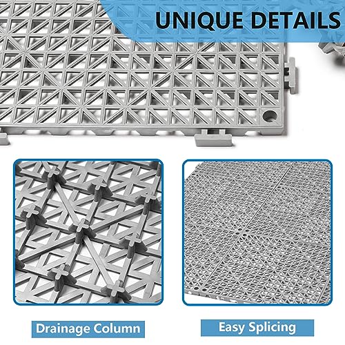 12” x 12” Drainage Interlocking Floor Tiles, 12 Pack Non-Slip Pool Deck Drain Mats for Flooring, Soft PVC Splicing Modular Cushion Mats, Rubber Floor Tiles with Holes for Shower Basement Garage Shed - size: Grey