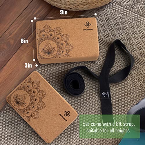 Overmont Cork Yoga Blocks 2 pack with 8ft Strap Natural Cork Bricks | High Density & Eco Friendly Yoga Accessories for Women - Ideal for Yoga Pilates General Fitness and Stretching 9x6x3''