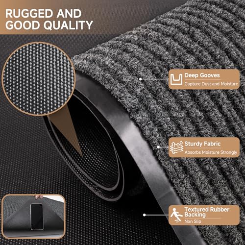 100pointONE Front Door Mat for Outside Entrance, 72" x 24", Dark Gray | Heavy Duty, Indoor Outdoor, Non Slip, Low Profile, Weather Resistant, Easy to Clean, High Traffic Area - color: Dark Grey Striped, size: 2' x 6' (Rectangular)