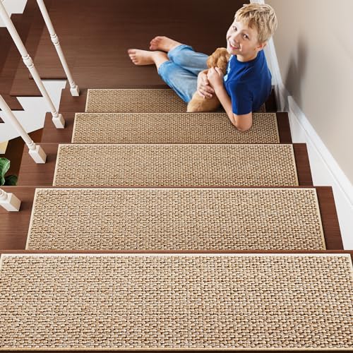 PADOOR Non Slip Stair-Treads,Rubber Backing Stair-Runners for Wooden Steps,15PCS Residue Free Carpet Stair Treads for Kids and Dogs 8"x30" Beige - size: 15PCS, style: Beige