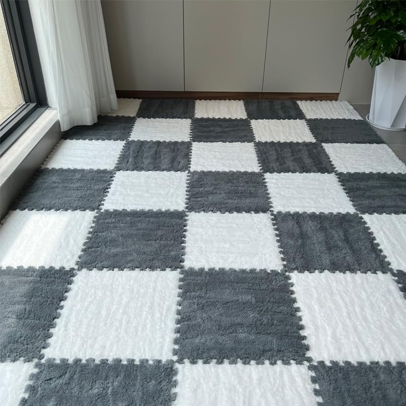 12Pcs Plush Foam Floor Mat,Plush Interlocking Carpet Tiles,Anti-Slip Square Puzzle Floor Mat,EVA Foam Area Rugs for Bedroom Playroom (White+Grey) - color: White+grey
