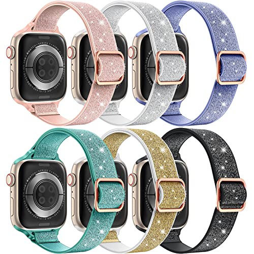 LETOID Stretchy Bands for Apple Watch Band Women Men Adjustable Solo Loop | Skin-Friendly Elastic Nylon Replacement Strap, iWatch Series 11 10 9 8 7 6 5 4 3 2 1 SE Ultra 49 46 45 44 42 41 40 38mm - color: 6-Pack: Black/Silv Wht/Gold Wht/Pink/Purple/Teal,