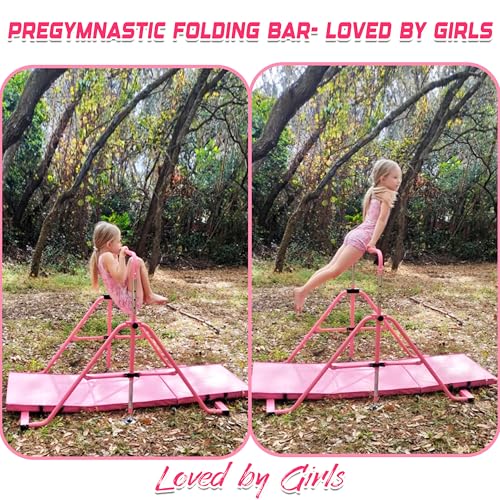 Folding Gymnastics Bar with Rings, Foldable Kip Bar with Sturdier Base, Training Bar for Kids Ages 3-10, Horizontal Bar, Home Gym Equipment for Boy Girl - color: Pink, style: Foldable Bar