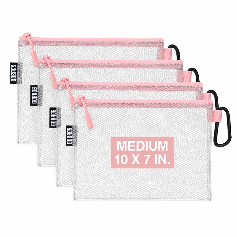 GOBAGS Air Production Medium Clear Zipper Pouch (4-Pack) – Cable Organizer & Travel Gear Bag for Electronics, Camera Accessories, Tool Pouch & Small Tech Storage (Pink) - color: Pink, size: Medium