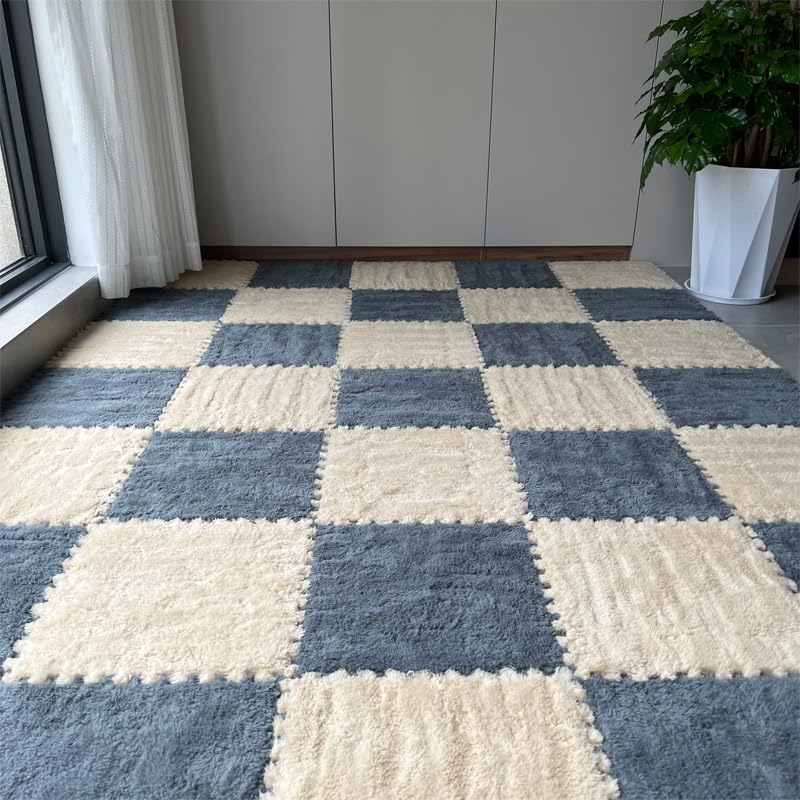 12Pcs Plush Foam Floor Mat,Plush Interlocking Carpet Tiles,Anti-Slip Square Puzzle Floor Mat,EVA Foam Area Rugs for Bedroom Playroom (Grey + Beige) - color: Grey + Beige
