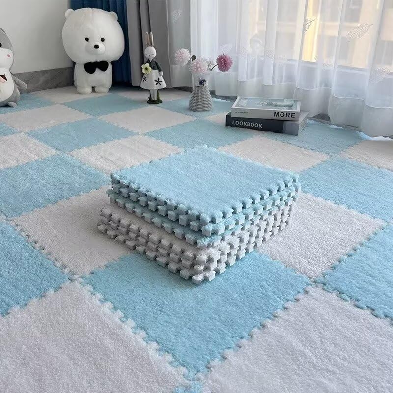 20pcs Plush Puzzle Foam Floor Mat, 11.8x11.8in Soft Interlocking Carpet Tiles，Anti-Slip Puzzle Area Rug Playmat for Room，White Blue - color: White Blue