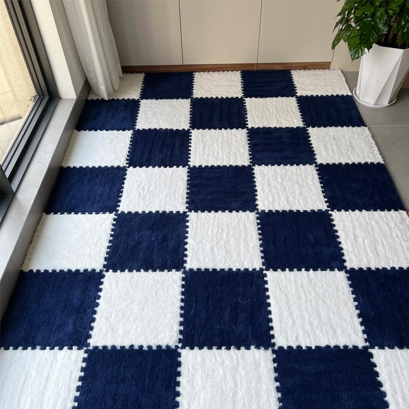 12Pcs Plush Foam Floor Mat,Plush Interlocking Carpet Tiles,Anti-Slip Square Puzzle Floor Mat,EVA Foam Area Rugs for Bedroom Playroom (White+Navy) - color: White+navy