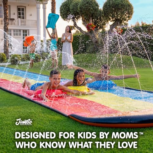 JAMBO 22.5ft Triple Lane Slip Splash and Slide with 3 Bodyboards with Built in Surround Sprinkler for Backyard Outdoor Water Fun for Kids - color: 22.5' Triple Lane Multicolor