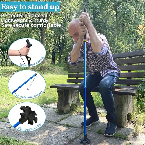 Walking Cane Foldable for Men & Women Seniors for Balance,Self Standing Folding,Height Adjustable Anti-Slip Lightweight Alloy Walking Stick for Travel Mobility Aid - color: Blue