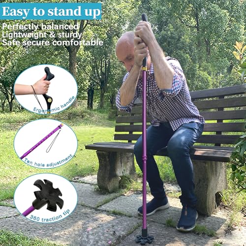 Walking Cane Foldable for Men & Women Seniors for Balance,Self Standing Folding,Height Adjustable Anti-Slip Lightweight Alloy Walking Stick for Travel Mobility Aid - color: Purple