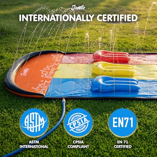 JAMBO Premium Triple Water Slide with 3 Bodyboards, 20Ft Heavy Duty Slip Splash and Slides-Advanced 3-Way Sprinkler System, Splash Pad Mat Backyard Summer Outdoor Water Toys n Long Slides for Kids - color: 20' Multicolor