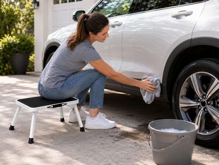 Heavy Duty Metal Step Stool, 15-Inch Portable Folding Step Platform with Non-Slip Surface, Compact Car Wash Stool for RV, Home, Kitchen and Outdoor Use, Black and White