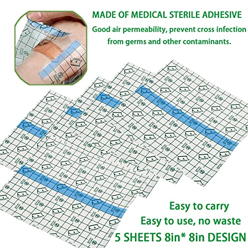 Tattoo Aftercare Bandage 5 Sheets 8 x 8 in - Waterproof Transparent Film for Tattoos Initial Healing and Skin Repair Adhesive Tattoo Supply Wrap - size: 8 x 8 Inch