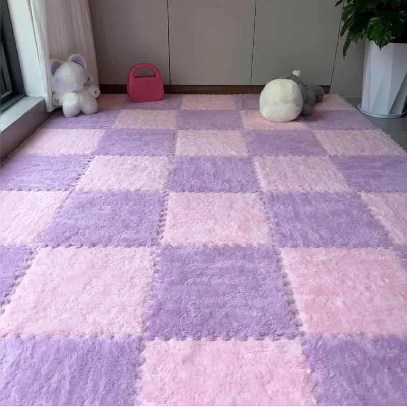 12Pcs Plush Foam Floor Mat,Plush Interlocking Carpet Tiles,Anti-Slip Square Puzzle Floor Mat,EVA Foam Area Rugs for Bedroom Playroom (Pink+Purple) - color: Pink+purple