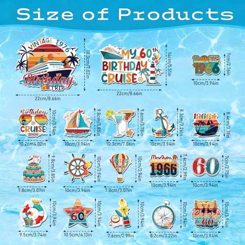 Wxiben 18 Pcs 60th Birthday Cruise Door Magnets Ship Decorations Magnetic | Vintage 1966 Birthday Magnet Stickers, Strong Magnet Grip, Firm Sticking, for Carnival, Party, Fridge, Stateroom Cabin Door - style: 60th Birthday