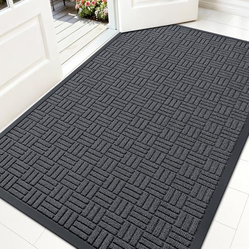OLANLY Front Door Mat Outside Entrance 59x34, Absorbent, Heavy Duty Sturdy Natural Rubber Doormat Indoor Outdoor, Non-Slip, Stain and Fade Resistant, Low Profile Floor Mat for Entryway, Black Gray - color: Black Gray, size: 59" X 34"