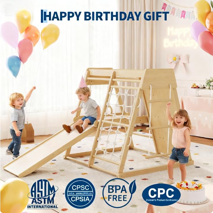 Garvee 6-in-1 Indoor Playground Jungle Gym Kids Climbing Toys, Wooden Climber Playset with Slide, Climbing Rock, Monkey Bars, Climb Net, Climbing Rock, Rings, Christmas Toys for Kids, Natural
