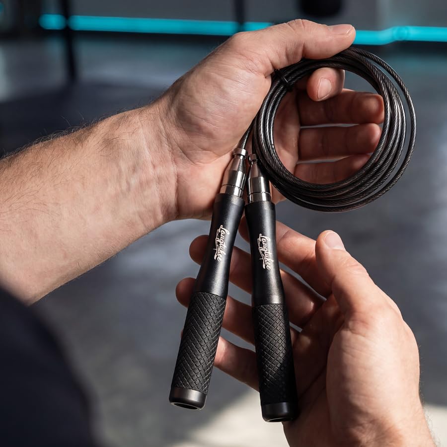 LANGETUKEE Speed Jump Rope - Professional Aluminum Alloy Skipping Rope with 360° Bearings - Adjustable 4mm Steel Cable for Double Unders, Boxing, MMA, HIIT & Cardio Training - Anti-Slip Grip - color: Black4